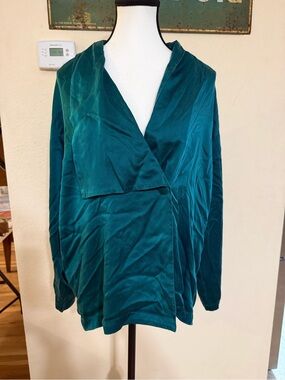 VINTAGE 90s VICTORIAS SECRET SILK PAJAMA SHIRT LONG SLEEVE TEAL BLUE SIZE MEDIUM